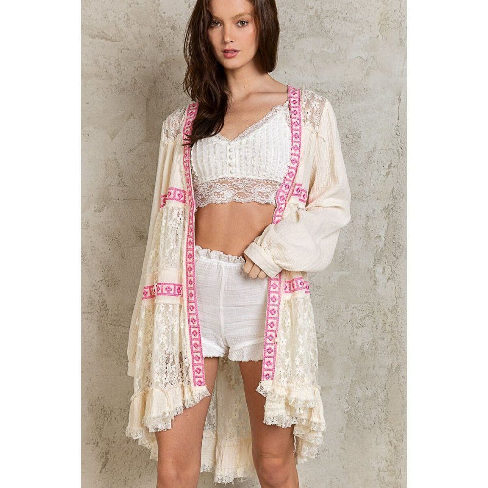 POL We Go Together Contrast Lace Cardigan in Pink Natural YKT797